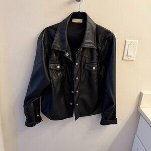 Black Faux Leather Button-Up Jacket | Overshirt Style | Snap Front